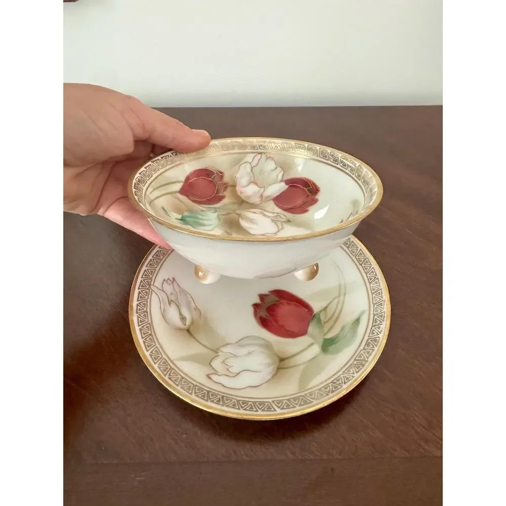 Antique Art Deco RS Germany Hand-Painted Tulip Porcelain Bowl and Plate Set